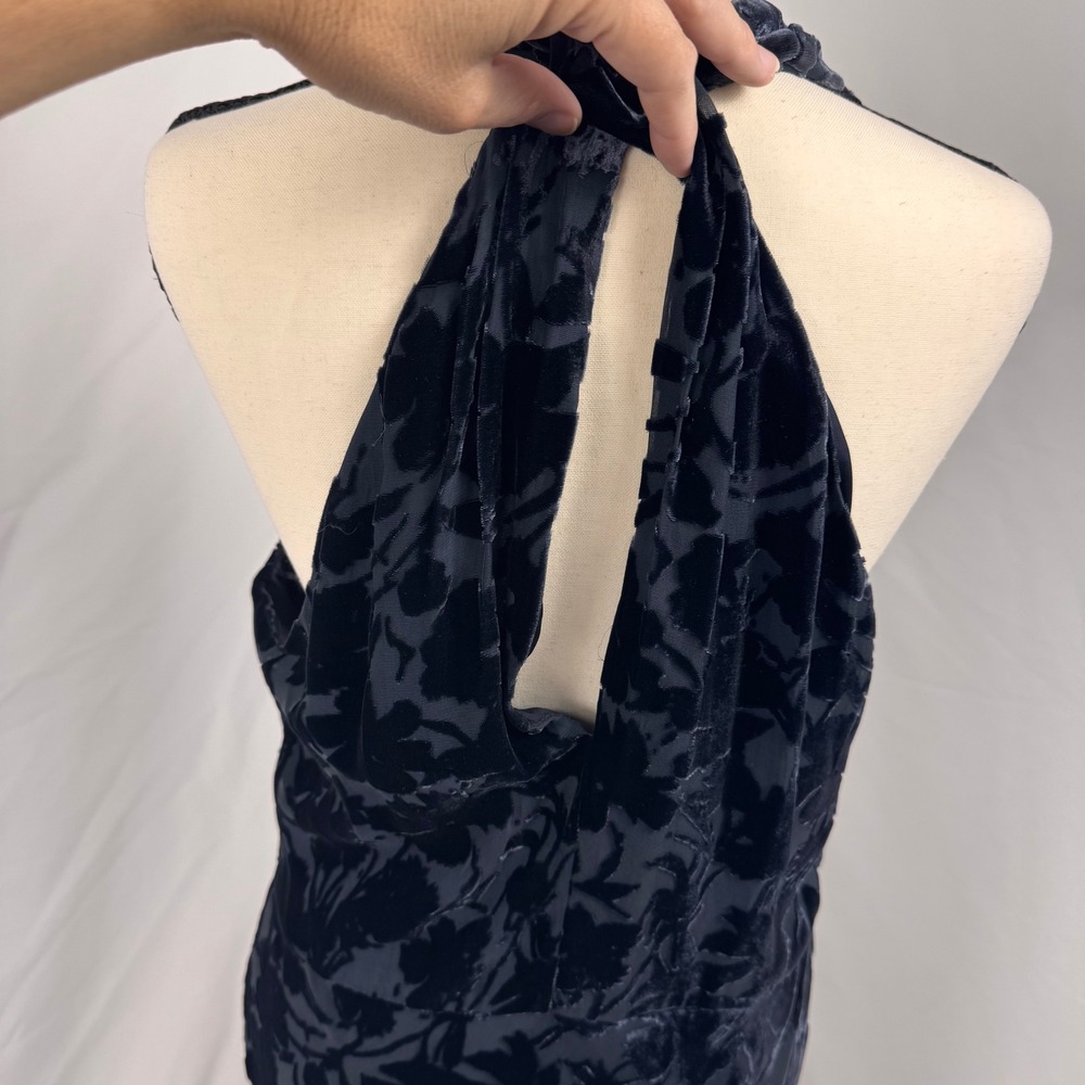 Elie Tahari Dress Women 14 Navy Blue Silk Blend Burnout Velvet Cowl Neck Midi - Picture 7 of 7